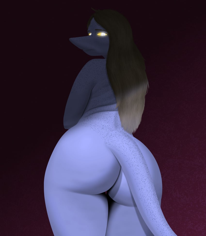 absurd_res anthro ass big_butt blonde_hair cavemanon_studios dinosaur female freckled_face freckles freckles_on_shoulders glowing glowing_eyes hair hi_res long_hair looking_at_viewer looking_back nude prehistoric_species pupils rear_view reptile scalie simple_background slightly_chubby slit_pupils snoot_game solo tarja_(snoot_game) theropod troodon troodontid unknown_artist white_body yellow_sclera