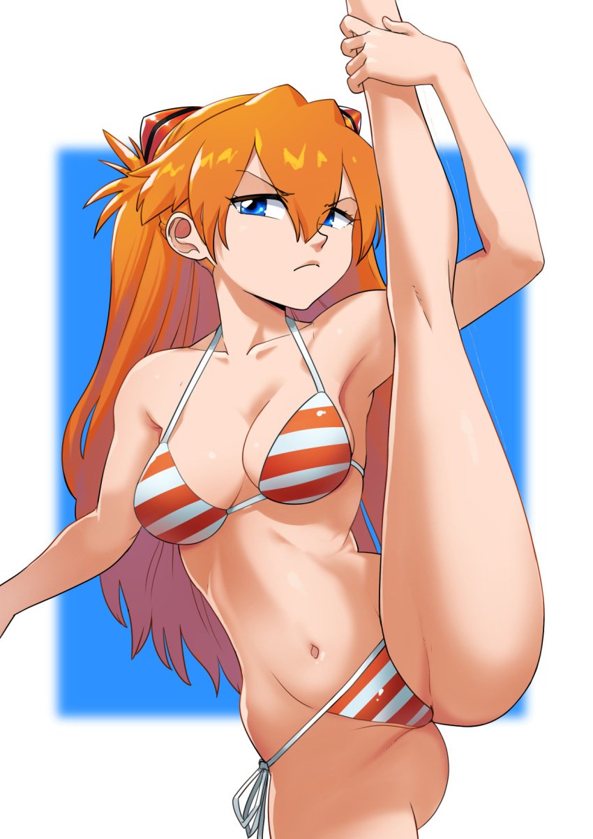 1girls asuka_langley_sohryu bikini bikini_bottom bikini_top blue_eyes bottomwear breasts cleavage female female_only gez1313 hair leg_grab leg_lift leg_up long_hair medium_breasts neon_genesis_evangelion one_leg_raised one_leg_up orange_hair raised_leg red_bikini solo solo_female striped_bikini swimwear thighs topwear