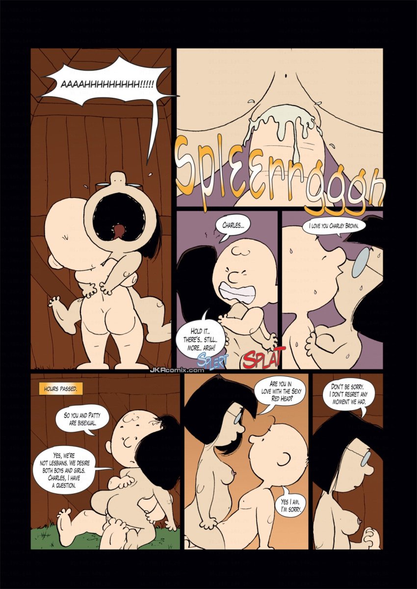 accurate_art_style after_sex charlie_brown comic comic_page dialogue english_text glasses jkr male marcie peanuts sex speech_bubble straight walnuts