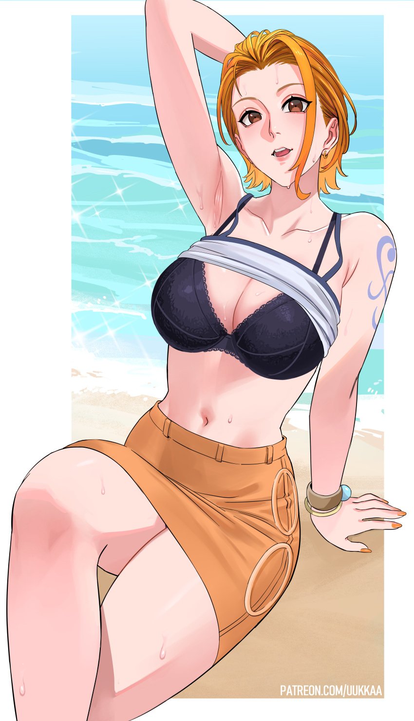 1female 1girls armpits arms_behind_back arms_up beach bikini_top black_bra blush breasts female female_only looking_at_viewer nami nami_(one_piece) one_arm_up one_piece orange_eyes orange_hair perfect_body sexy_armpits sexy_pose shirt_lift shirt_up short_hair showing_armpits showing_breasts skirt slut smile sweat sweatdrop sweaty sweaty_armpits sweaty_body sweaty_breasts sweaty_legs tattoo tattoo_on_arm tattooed_arm thick_legs thick_thighs thighs tongue uukkaa waist water_drop