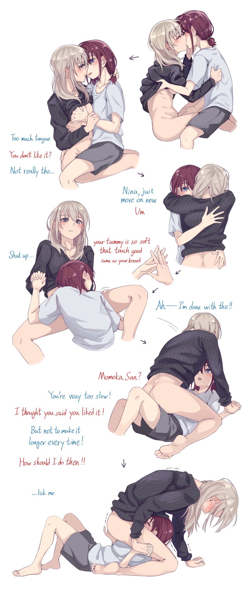 2girls absurdres alternate_language arrow_(symbol) barefoot black_sweater blush bottomless commentary_request cunnilingus doki_(oox3o) ear_blush english_text fingering fingering_from_behind girls_band_cry grabbing_another's_ass grey_eyes grey_hair grey_shirt grey_shorts groping hand_on_another's_thigh hand_on_another's_waist highres holding_hands interlocked_fingers iseri_nina kawaragi_momoka kissing long_hair long_sleeves multiple_girls oral red_hair ribbed_sweater shirt short_sleeves short_twintails shorts simple_background spread_legs straddling sweater toes trembling twintails white_background yuri