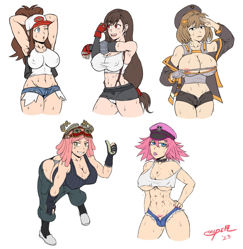 5girls abs arm_up armpits arms_behind_head artist_name baseball_cap big_breasts blue_eyes boku_no_hero_academia breasts brown_hair busty cameltoe capcom casper_(artist) cleavage clothes_pull confident covered_erect_nipples crossed_arms dated denim denim_shorts female female_only final_fantasy final_fantasy_vii final_fight fingerless_gloves gloves hand_on_knee hand_on_own_hip hand_on_own_knee hat highres hilda_(pokemon) large_breasts leaning_forward legs long_hair looking_at_viewer medium_hair midriff multiple_girls navel nintendo nipple_slip nipples one_eye_closed open_mouth panties parted_lips pink_hair poison_(final_fight) pokemon ponytail pose posing pubic_hair pubic_hair_peek puckered_lips pulling_own_clothes red_eyes seductive seductive_look seductive_smile sensual sexy_armpits shirt short_shorts shorts skirt sleeveless sleeveless_shirt smile street_fighter suspenders sweat tank_top teeth thick_thighs thighs thong thumbs_up tifa_lockhart toned tongue unbuttoned underboob underwear unzipped whale_tail white_panties wink