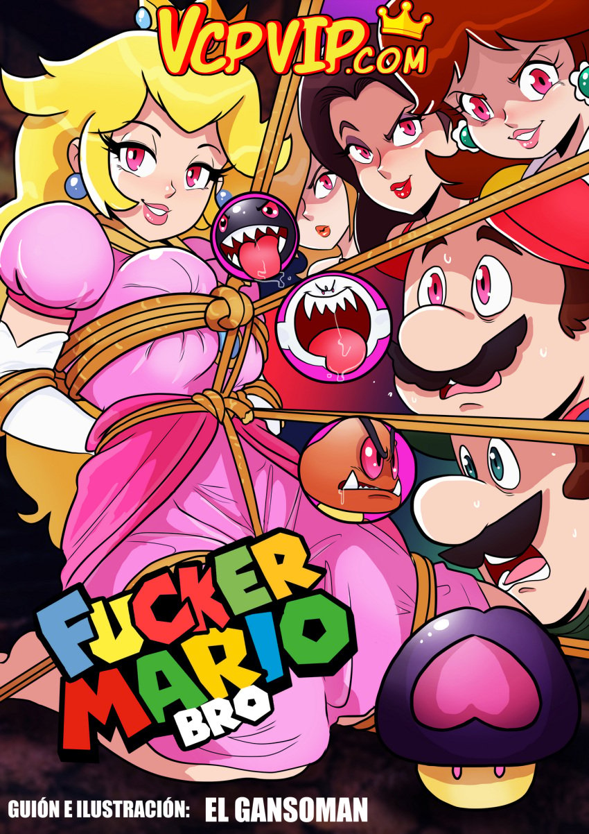 2boys 4girls blonde_hair bondage boo_(mario) bound comic crown ear_piercing female gansoman human luigi male mario mario_(series) mushroom nintendo pauline_(mario) princess_daisy princess_peach princess_rosalina tagme vercomicsporno