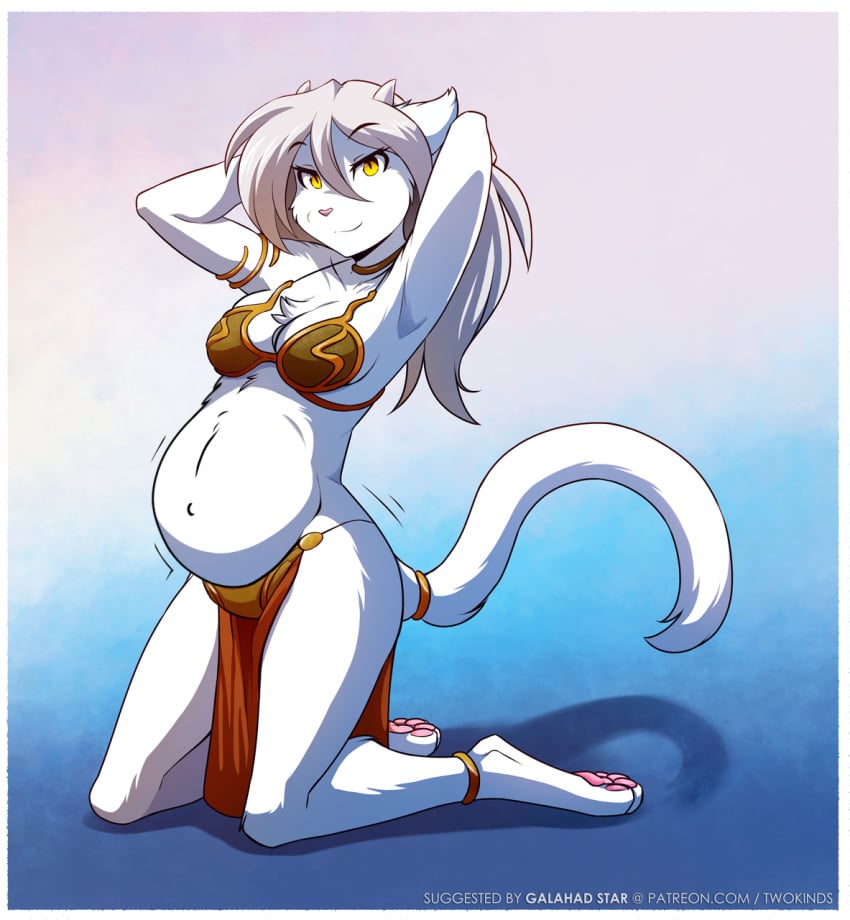 anthro armpits belly_dancer belly_dancer_outfit bikini harem_girl harem_outfit keidran lady_nora loincloth pregnant slave_leia_(cosplay) tail twokinds white_fur white_hair yellow_eyes