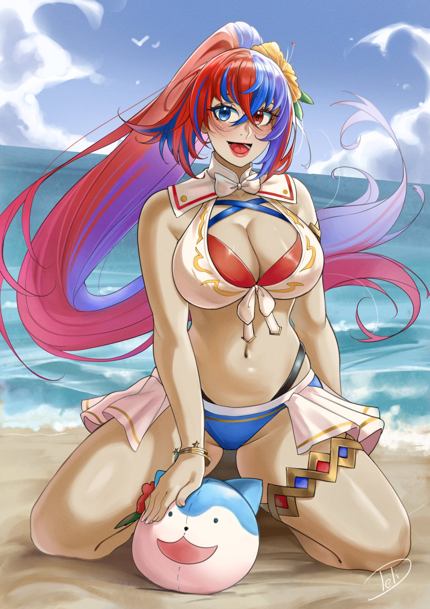 1girls alear_(female)_(fire_emblem) alear_(female)_(seaside_dragon)_(fire_emblem) alear_(fire_emblem) alternate_costume alternate_hairstyle ball beach beach_ball bikini blue_bikini blue_eyes blue_hair blue_swimsuit breasts character_ball cleavage deliciousbra female female_only fire_emblem fire_emblem_engage fire_emblem_heroes heterochromia kneeling large_breasts long_hair multicolored_hair nintendo official_alternate_costume official_alternate_hairstyle outdoors ponytail red_bikini red_eyes red_hair red_swimsuit solo swimsuit very_long_hair white_bikini white_swimsuit