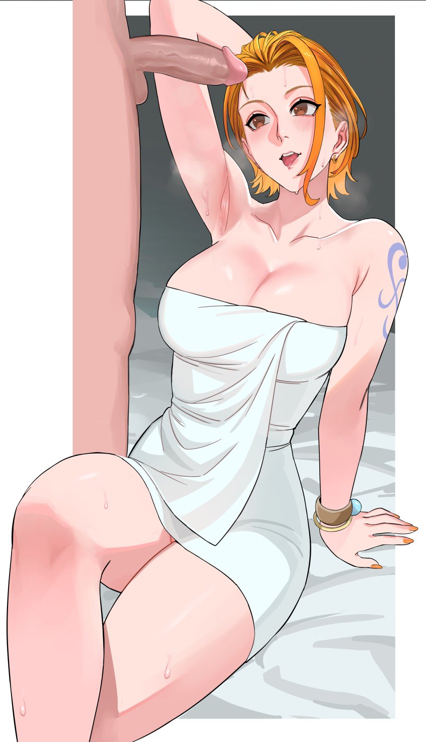 1boy 1female 1girls 1male after_bath armpits arms_behind_back arms_up blush breasts breathing covering_breasts female looking_at_penis male nami nami_(one_piece) one_arm_up one_piece orange_eyes orange_hair saliva saliva_drip sexy_armpits short_hair showing_armpits sitting_on_bed smile steam steaming_body steamy steamy_breath sweatdrop sweaty sweaty_armpits sweaty_body sweaty_breasts sweaty_legs tattoo tattoo_on_arm tattooed_arm thick_legs thick_thighs thighs tongue tongue_out towel towel_only towel_wrap uukkaa wanting_sex water_drop white_towel wrapped