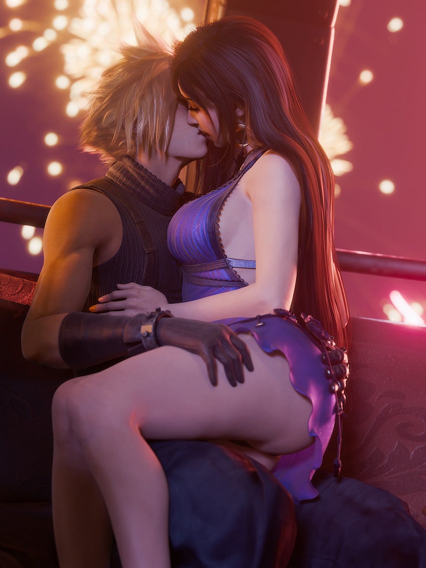 1boy 1girls 3d black_hair blender blonde_hair blue_dress breasts closed_eyes cloud_strife couple date dress earrings female ferris_wheel final_fantasy final_fantasy_vii final_fantasy_vii_rebirth final_fantasy_vii_remake fireworks gloves hand_on_ass highres kissing large_breasts long_hair male male/female night ria-neearts romantic sitting_on_lap sleeveless square_enix straight tifa_lockhart