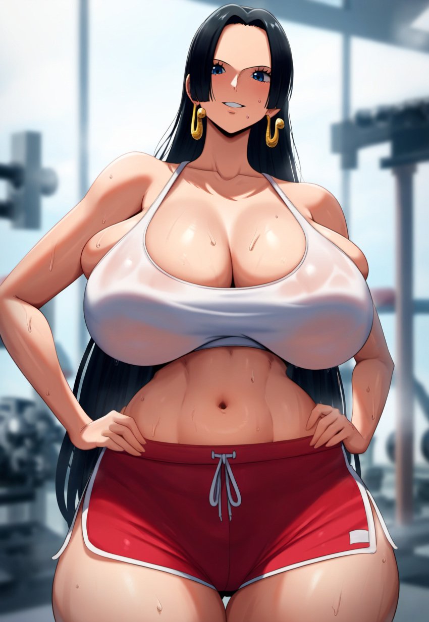 ai_due ai_generated black_hair blue_eyes boa_hancock breasts bursting_breasts cleavage female female_focus female_only huge_breasts large_breasts long_hair one_piece red_shorts shorts solo_female tank_top white_tank_top