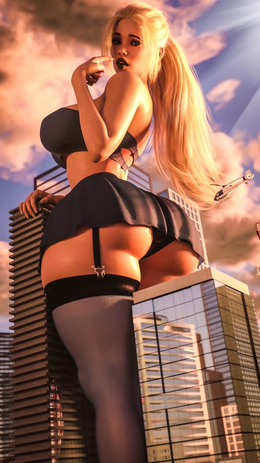 3d 3d_(artwork) alavgts bangs behind_view big_breasts black_lips black_lipstick blonde_female blonde_hair blonde_hair_female breasts city female female_focus female_only from_behind from_behind_position giant_woman giantess light-skinned_male light_skin long_hair looking_back looking_down partially_exposed_ass partially_exposed_butt pony_tail ponytail solo solo_female solo_focus