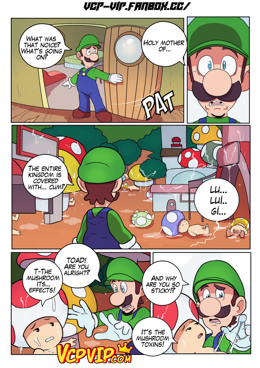 1boy brown_hair clothing comic cum cum_everywhere dialogue door gansoman human humanoid luigi male male_only multiple_boys nintendo nude_male open_mouth penis shocked_expression tagme toad_(mario) toony vercomicsporno