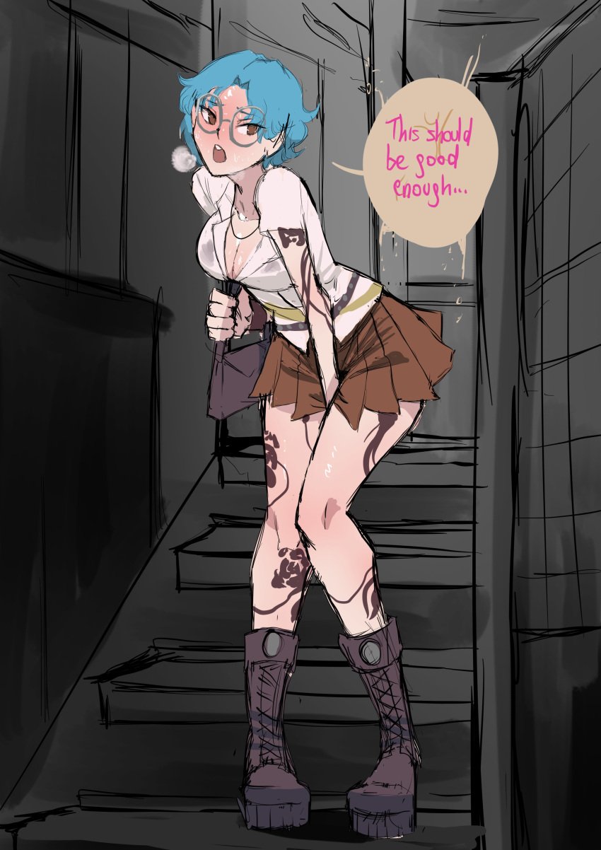 1girls bag biku black_bag black_bra black_footwear blue_hair blush bra bra_visible_through_clothes breasts brown_skirt cleavage english_text glasses hand_between_legs handbag have_to_pee open_mouth original short_hair skirt solo stairs tattoo text