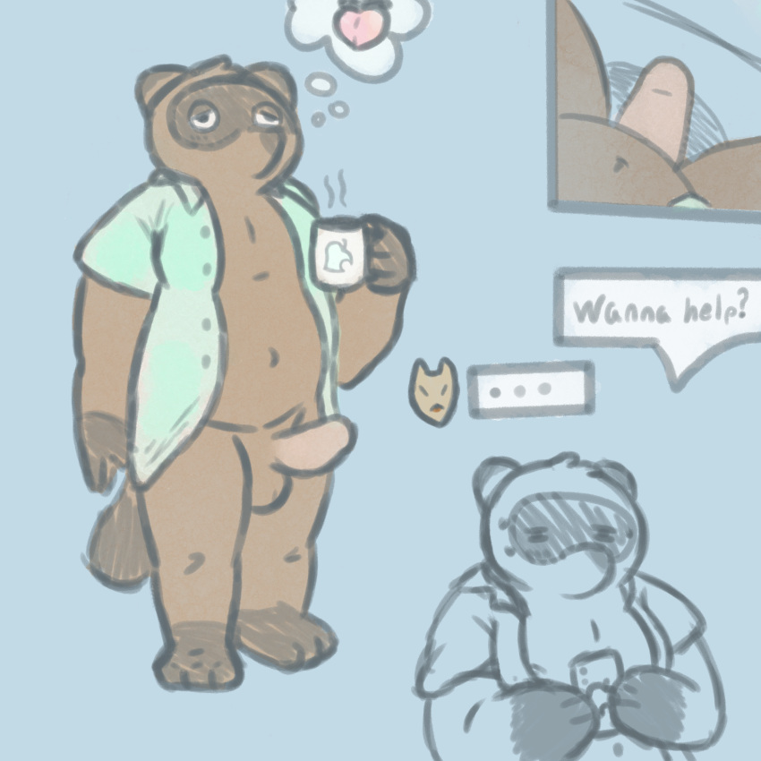 animal_crossing anthro balls belly brown_body brown_fur canid canine clothing digital_drawing_(artwork) digital_media_(artwork) erection fur genitals hi_res jellybeankofi male mammal moobs nintendo nude overweight overweight_anthro overweight_male penis raccoon_dog simple_background solo tail tanuki text tom_nook topwear