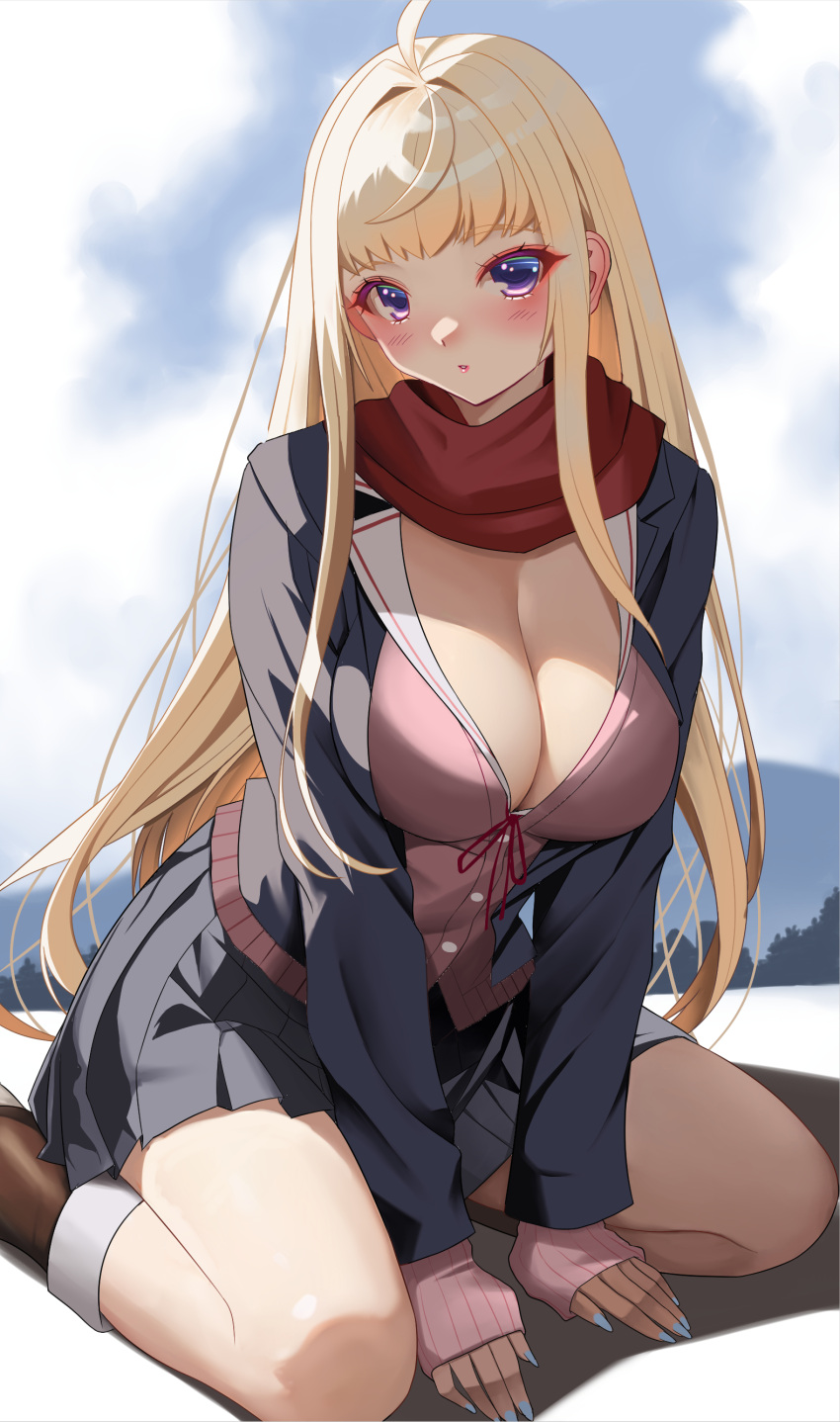 absurdres ahoge akihiro0920 arms_between_legs black_jacket black_skirt blonde_hair blue_nails breasts brown_footwear cardigan cleavage cloud cloudy_sky commentary_request day dosanko_gal_wa_namaramenkoi female forest fuyuki_minami highres jacket large_breasts long_hair long_sleeves mountainous_horizon nail_polish nature open_mouth outdoors pink_cardigan purple_eyes sailor_collar scarf sidelocks sitting skirt sky snow solo uniform very_long_hair wariza white_sailor_collar