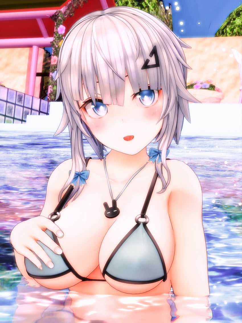 1girls 2023 3d_(artwork) bikini bikini_top blue_bowtie blue_eyes embodiment_of_scarlet_devil flowers hairpin human light-skinned_female looking_at_viewer mmd necklace outdoors pool sakuya_izayoi solo_female solo_focus swimming_pool swimsuit touhou water white_hair white_hair_female yabuinu_mmder