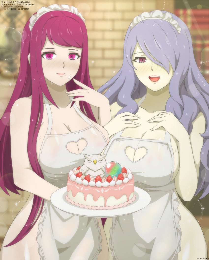 2girls apron bare_arms bare_shoulders bare_thighs blue_hair breasts cake camilla_(fire_emblem) cleavage cleavage_cutout collarbone feh_(fire_emblem_heroes) female female_only fire_emblem fire_emblem_engage fire_emblem_fates fire_emblem_heroes food hair_over_one_eye heart_cutout ivy_(fire_emblem) large_breasts long_hair looking_at_viewer multiple_girls naked_apron orb pink_eyes purple_eyes purple_hair shoulders smile thighs very_long_hair violet_hair