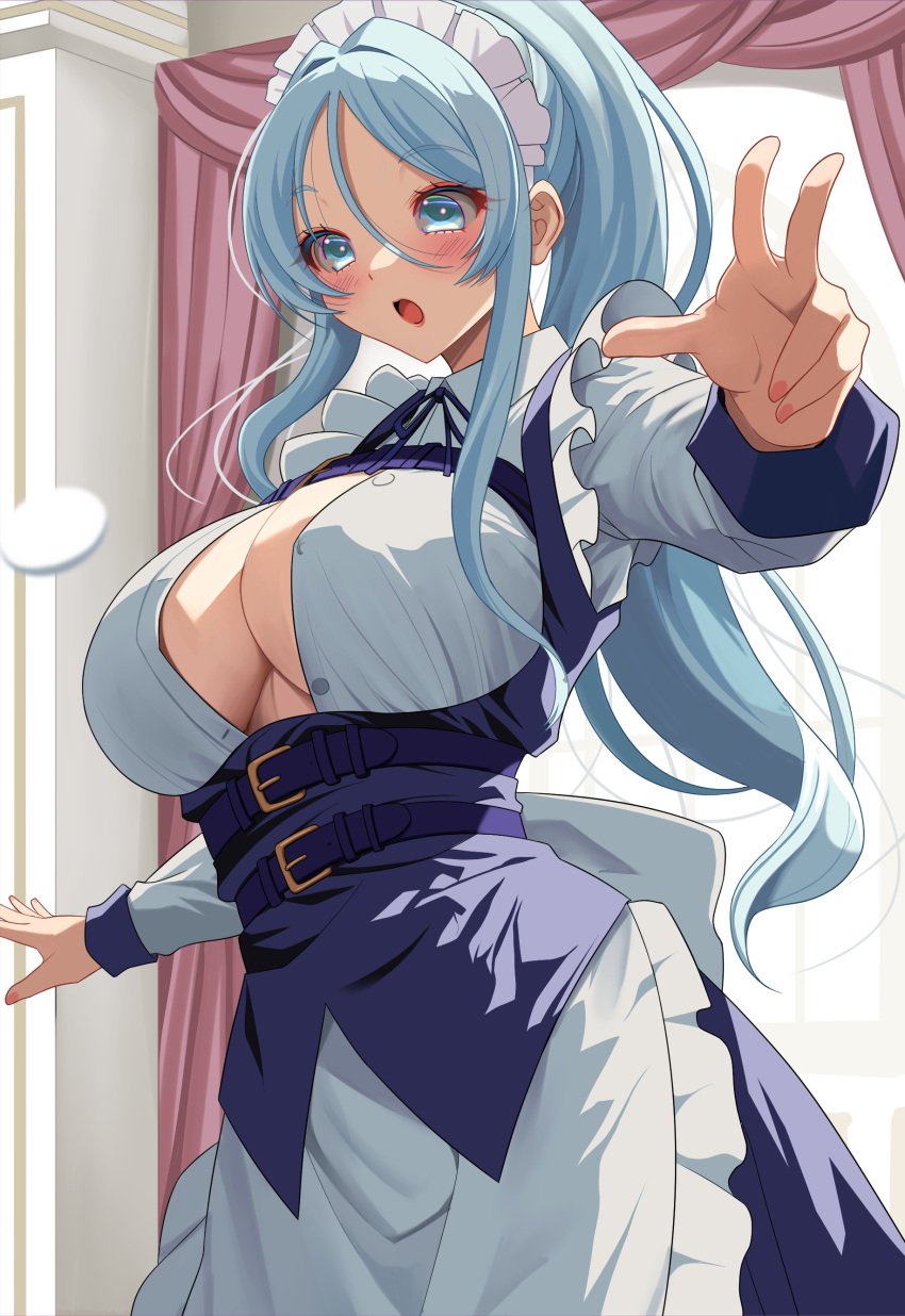 :o absurdres akihiro0920 apron aqua_eyes aqua_hair back_bow belt blue_dress blush bow breasts cleavage collared_dress commentary_request curtains dress female hair_between_eyes highres indoors large_breasts long_hair long_sleeves maid maid_apron maid_headdress open_mouth ponytail sidelocks solo standing sylpha_(dai_nana_oji) tensei_shitara_dai_nana_oji_datta_no_de:_kimama_ni_majutsu_o_kiwamemasu window