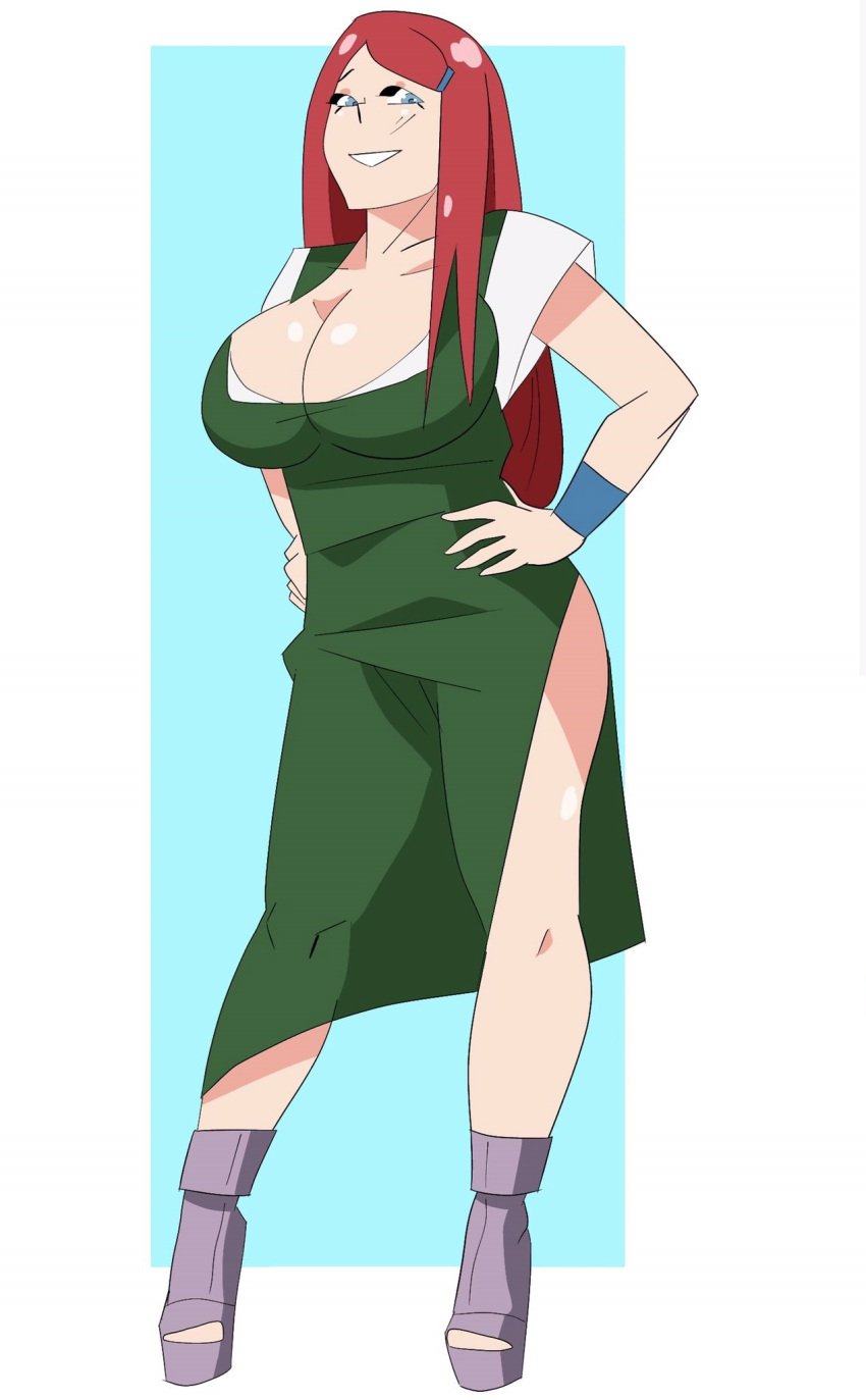 1girls akori bare_legs bare_thighs big_breasts blue_eyes breasts busty cleavage dress female female_focus female_only footwear green_dress hairclip hand_on_hip hi_res high_resolution highres kushina_uzumaki large_breasts light-skinned_female light_skin looking_at_viewer mature mature_female milf naruto naruto_(series) naruto_shippuden pale-skinned_female pale_skin pinup pose posing red_hair shounen_jump shueisha side_slit skimpy skimpy_clothes skimpy_dress slit_dress smile smiling smiling_at_viewer solo solo_female solo_focus standing uzumaki_kushina very_high_resolution weekly_shonen_jump wristband