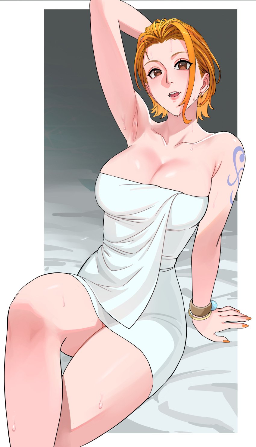 1female 1girls after_bath armpits arms_behind_back blush breasts covering_breasts female female_only nami nami_(one_piece) one_arm_up one_piece orange_eyes orange_hair sexy_armpits short_hair showing_armpits sitting_on_bed smile smiling_at_viewer steam steaming_body steamy sweatdrop sweaty sweaty_body tattoo tattoo_on_arm tattooed_arm thick_legs thick_thighs thighs towel towel_only towel_wrap uukkaa water_drop white_towel wrapped