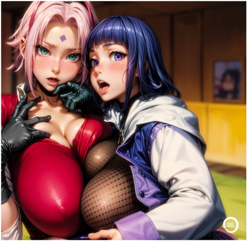 1girls 2girls ai_assisted ai_generated big_breasts blue_hair blush byakugan constricted_pupils cute cute_face embarrassed female fishnet_clothing fishnet_legwear fishnet_stockings fishnets friends friends_with_benefits glowing_eyes green_eyes huge_breasts hyuuga_hinata kunoichi long_hair long_sleeves naruto naruto_(classic) naruto_(series) naruto_shippuden open_mouth pink_hair pixiv purple_eyes sakura_haruno short_hair stable_diffusion undressing waifu2x yametastudio