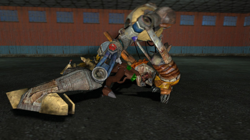 3d alien alien_girl brown_hair brown_skin dog_(half-life) dog_(half-life_2) green_clothing male metal_penis metallic_body muneman penis questionable_consent red_eyes robot vortigaunt vortigaunt_slave wrist_cuffs