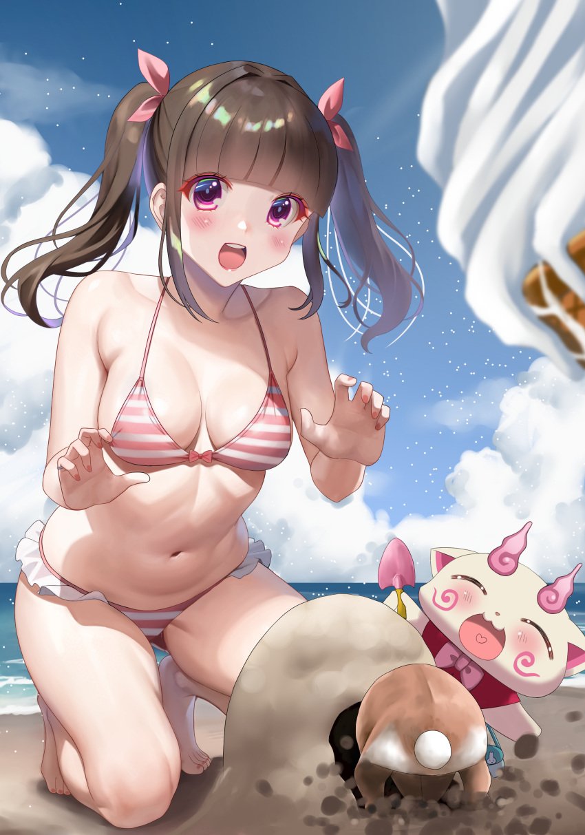 absurdres akihiro0920 bikini blue_sky blunt_bangs breasts brown_hair cloud commentary_request day female food frilled_bikini frills highres ice_cream kneeling long_hair medium_breasts open_mouth original outdoors rabbit red_eyes round_teeth sand sky soft_serve striped_bikini striped_clothes swimsuit teeth traditional_youkai trowel twintails upper_teeth_only