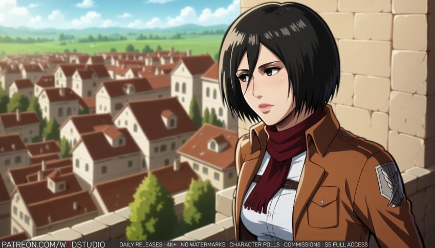 ai-created ai_generated attack_on_titan black_eyes black_hair breasts brown_eyes brown_jacket building clothing cloud day emblem female hair_between_eyes jacket lips looking_at_viewer mikasa_ackerman neckwear outdoors paradis_military_uniform red_neckwear red_scarf scarf shingeki_no_kyojin shirt short_hair sky solo survey_corps_(emblem) uniform upper_body wall wodstudio