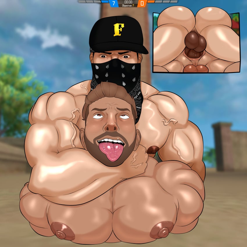 adam_(free_fire) angry_face bandithrt big_ass big_balls big_butt big_penis black_hair brunette_hair cap character_(free_fire) eyes_rolling_back free_fire gay gay_domination gay_sex muscle_bottom muscles muscular muscular_male penis pleasure_face tongue_out