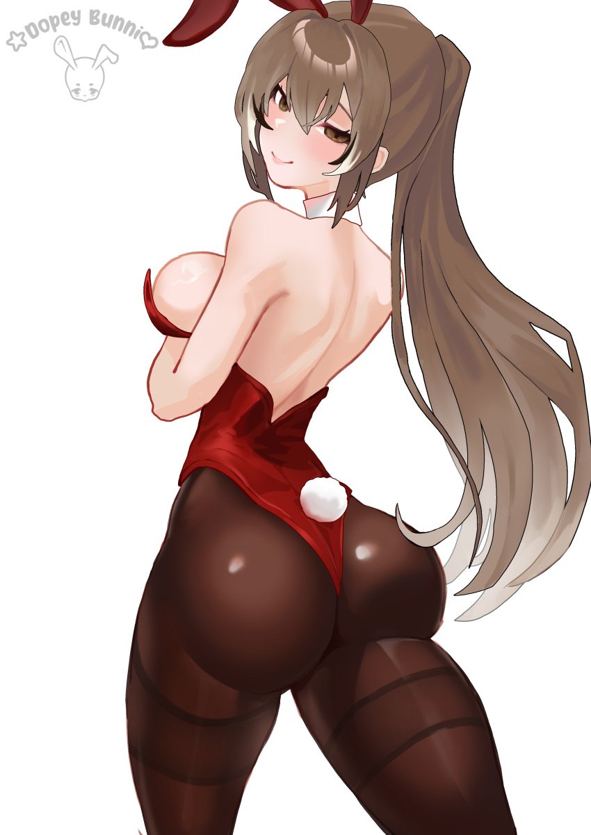 ass_focus bunny bunny_costume bunny_ears bunny_girl bunny_tail bunnysuit drawing female hololive hololive_english mumei nanashi_mumei nape pantyhose ponytail sideboob solo solo_female sultry_eyes virtual_youtuber vtuber