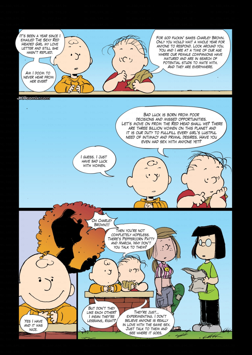 accurate_art_style charlie_brown comic comic_page dialogue english_text jkr linus_van_pelt marcie peanuts peppermint_patty speech_bubble walnuts