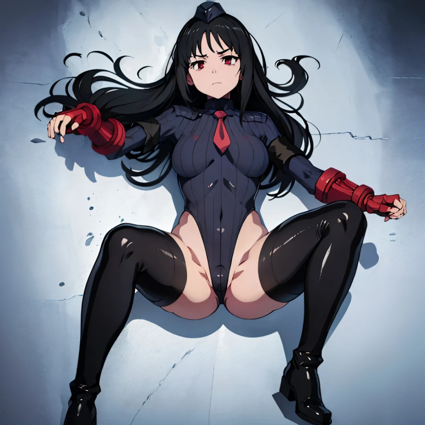 ai_generated asagiri_aya black_eyes black_hair black_shoes black_thighhighs long_hair mahou_shoujo_site red_eyes red_tie shoes thighhighs thighs tie wearing_clothes