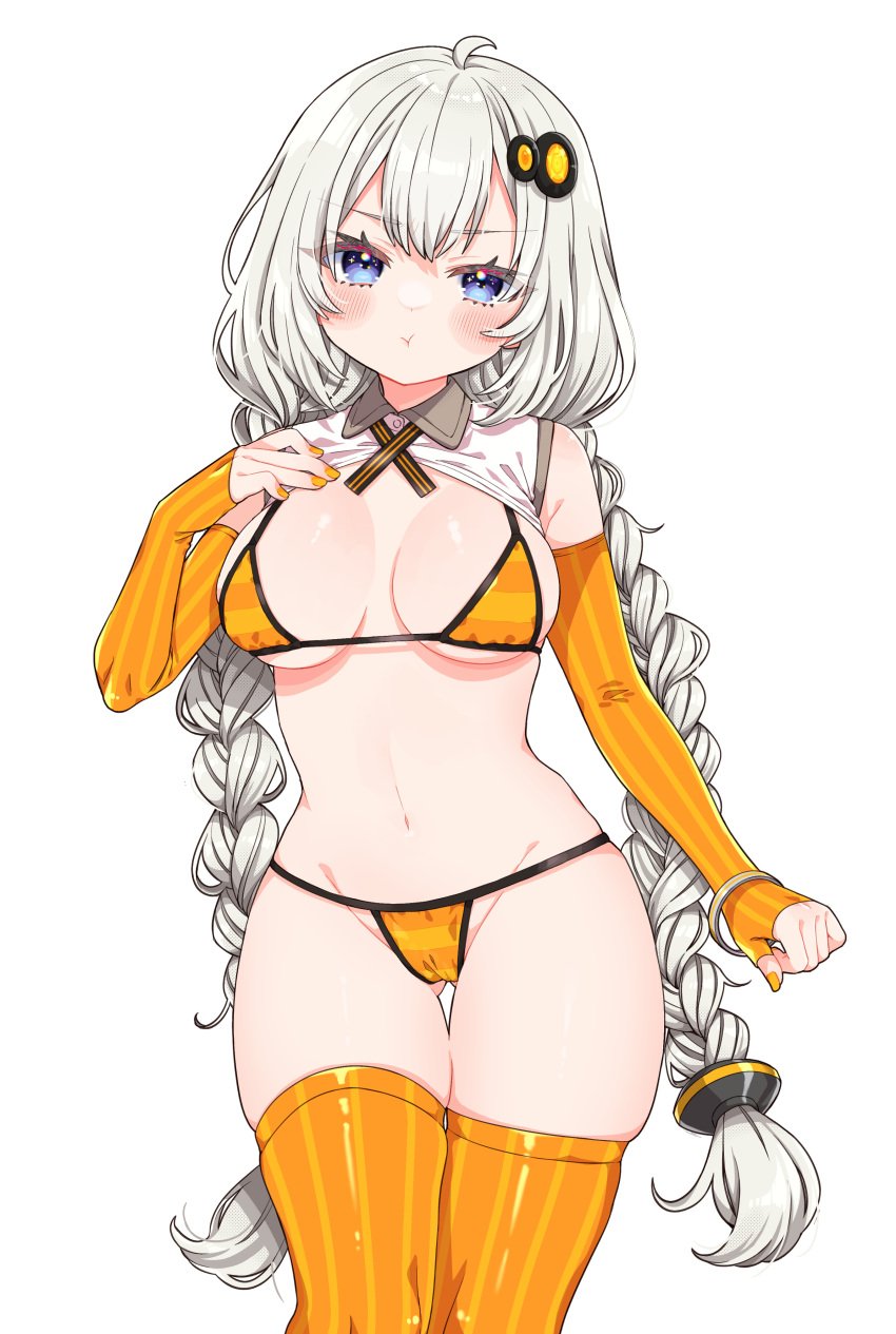 annoyed bikini cameltoe fingerless_gloves hand_on_chest kizuna_akari long_gloves medium_breasts nail_polish one_arm_up orange_bikini orange_gloves orange_nails orange_thighhighs painted_nails pout simple_background striped_bikini striped_gloves striped_thighhighs thighhighs thighs voiceroid white_background