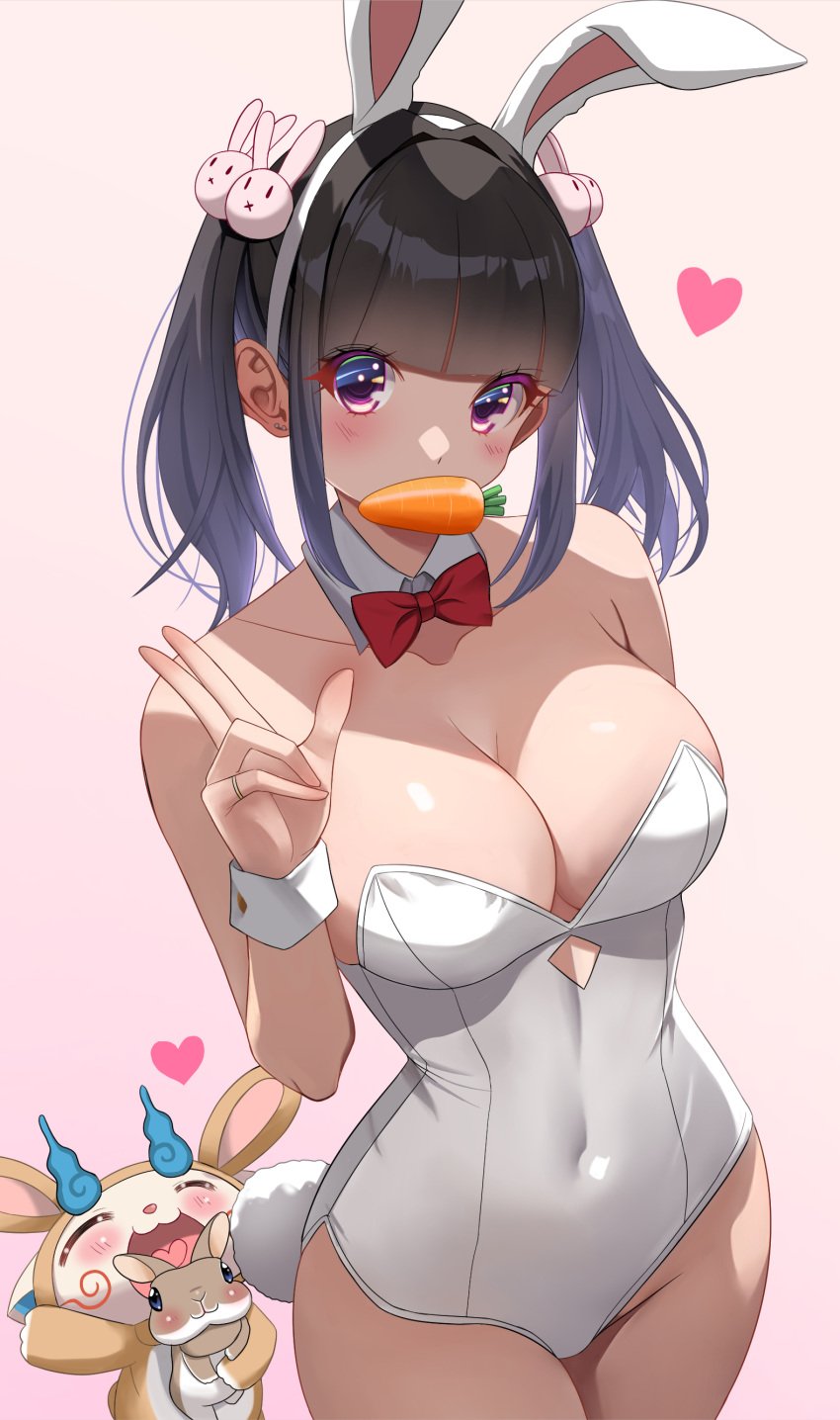 absurdres akihiro0920 animal_ears arm_at_side blunt_bangs blush bow bowtie breasts carrot cleavage collarbone commentary_request covered_navel detached_collar detached_sleeves fake_animal_ears female food_in_mouth hair_ornament heart highres jewelry large_breasts leotard looking_at_viewer medium_breasts medium_hair original pink_background playboy_bunny purple_eyes rabbit rabbit_ears rabbit_hair_ornament rabbit_tail red_bow red_bowtie ring sidelocks simple_background standing strapless strapless_leotard tail twintails v white_leotard white_wrist_cuffs wrist_cuffs