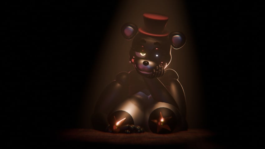 3d black_fur blender_(software) blender_eevee female five_nights_at_freddy's freddy_fazbear's_pizzeria_simulator lefty_(fnaf) metallic_body red_hat robot rule_63