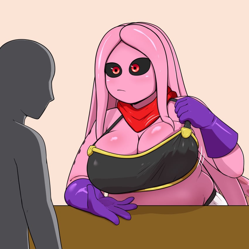 1boy 1girls anon big_breasts black_sclera breasts chubby cleavage dragon_ball gloves hamilton4 huge_breasts majin_muchi_(hamilton4) plump red_eyes red_pupils scarf