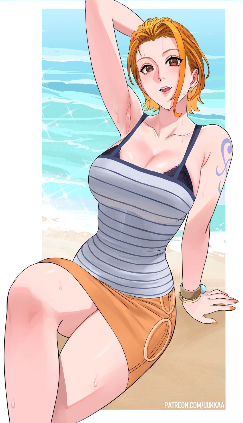 1female 1girls 1male armpits arms_behind_back arms_up beach blush breasts female female_only looking_at_viewer nami nami_(one_piece) one_arm_up one_piece orange_eyes orange_hair sexy_armpits short_hair showing_armpits skirt smile sweat sweatdrop sweaty sweaty_armpits sweaty_body sweaty_breasts sweaty_legs tattoo tattoo_on_arm tattooed_arm thick_legs thick_thighs thighs tongue uukkaa water_drop