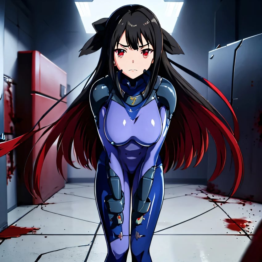 ai_generated asagiri_aya black_eyes black_hair blood blue_suit breasts breasts long_hair mahou_shoujo_site red_eyes red_hair suit