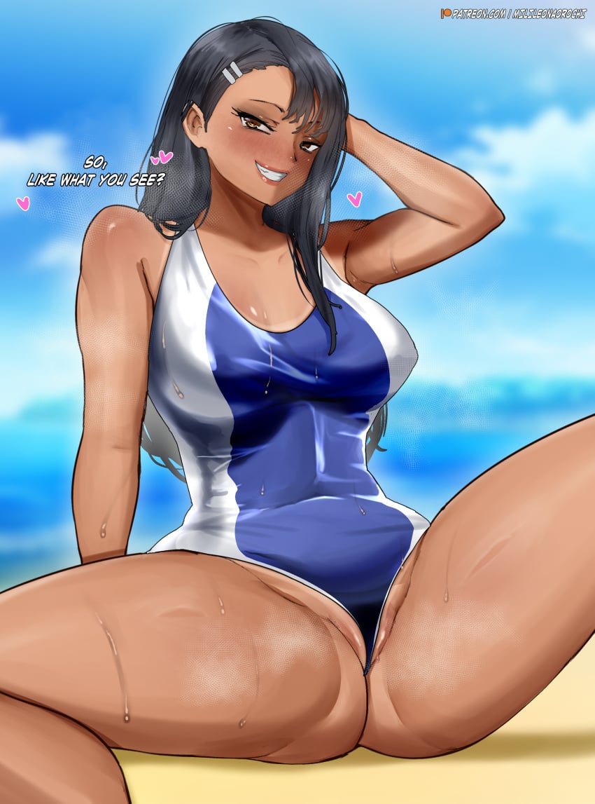 1girls beach black_hair english_text female female_only gold_eyes hayase_nagatoro human medium_breasts milileonaorochi please_don't_bully_me,_nagatoro self_upload solo swimsuit tan tan-skinned_female tanned text uwu_mili_uwu yellow_eyes