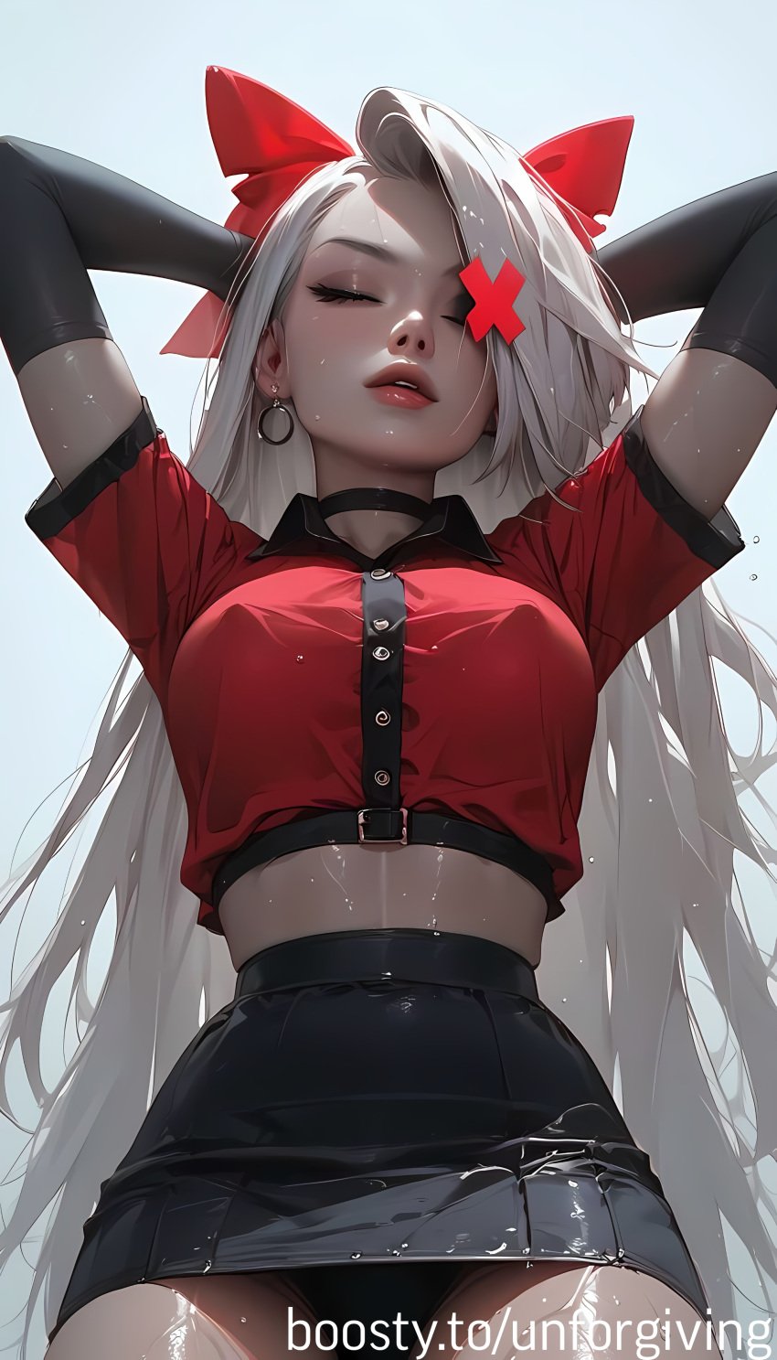 ai_generated covered_nipples crop_top eye_patch gloves hazbin_hotel long_gloves long_hair panties red_topwear short_skirt skirt top unforgiving vaggie_(hazbin_hotel) wet wet_body wet_skin white_hair