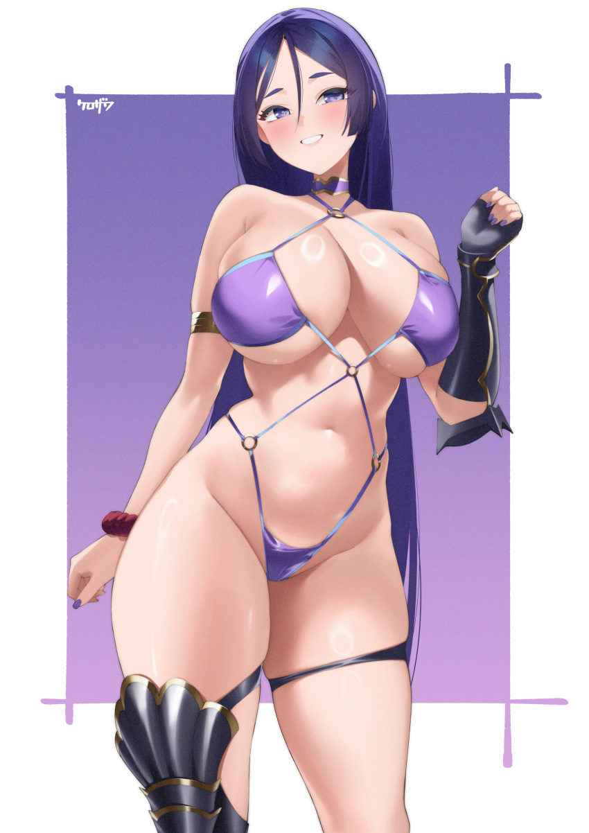 1girls arm_strap armwear big_breasts bikini cleavage fate/grand_order fate_(series) female female_only hair hips huge_breasts kurozawa_yui legwear long_hair mature mature_female mature_woman milf minamoto_no_raikou_(fate/grand_order) nail_polish nails purple_bikini purple_eyes purple_hair purple_nail_polish purple_nails skimpy skimpy_bikini smile solo solo_female thick_thighs thigh_strap thighs wide_hips