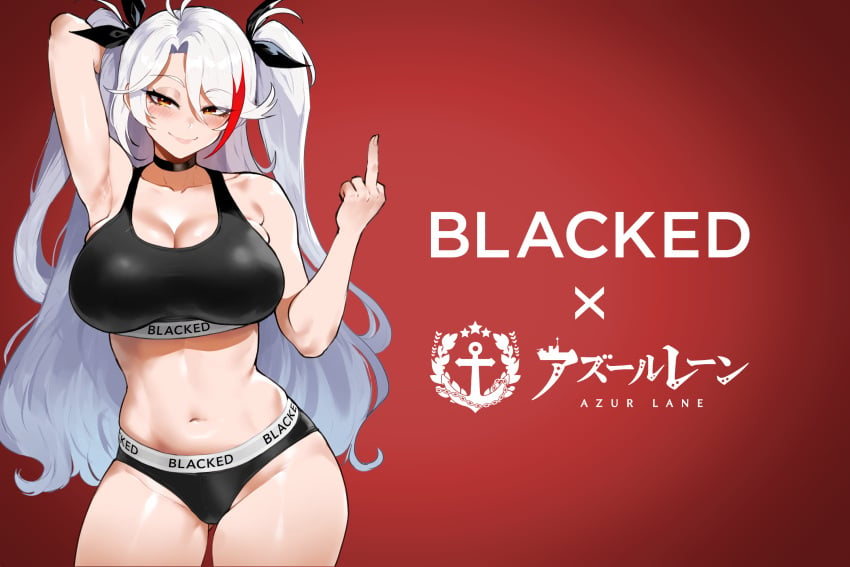 1girls ai_generated antenna_hair azur_lane belly black_panties blacked blacked_clothing golden_eyes light-skinned_female middle_finger multicolored_hair ntr peropero prinz_eugen_(azur_lane) silver_hair