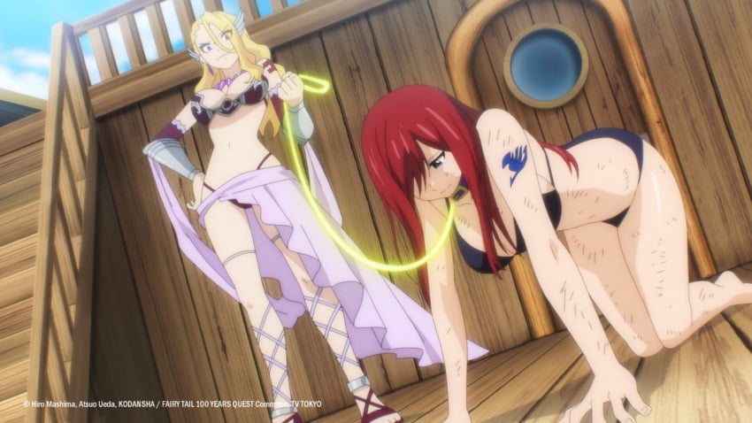 2girls all_fours bad_end bikini black_bikini blonde_hair defeated defeated_heroine dominant_female domination enslaved erza_scarlet fairy_tail fairy_tail_100_years_quest female female_only holding_leash human_pet humiliation kyria_(fairy_tail) red_hair scratches slave slavegirl submissive submissive_female tagme victorious_villain