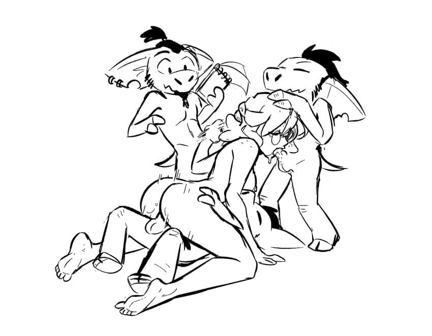 1girls 3boys 4some ambiguous_penetration black_and_white blowjob cowgirl_position eclair_(spicymancer) female foursome goblin goblin_male group group_sex handjob male monochrome spicymancer