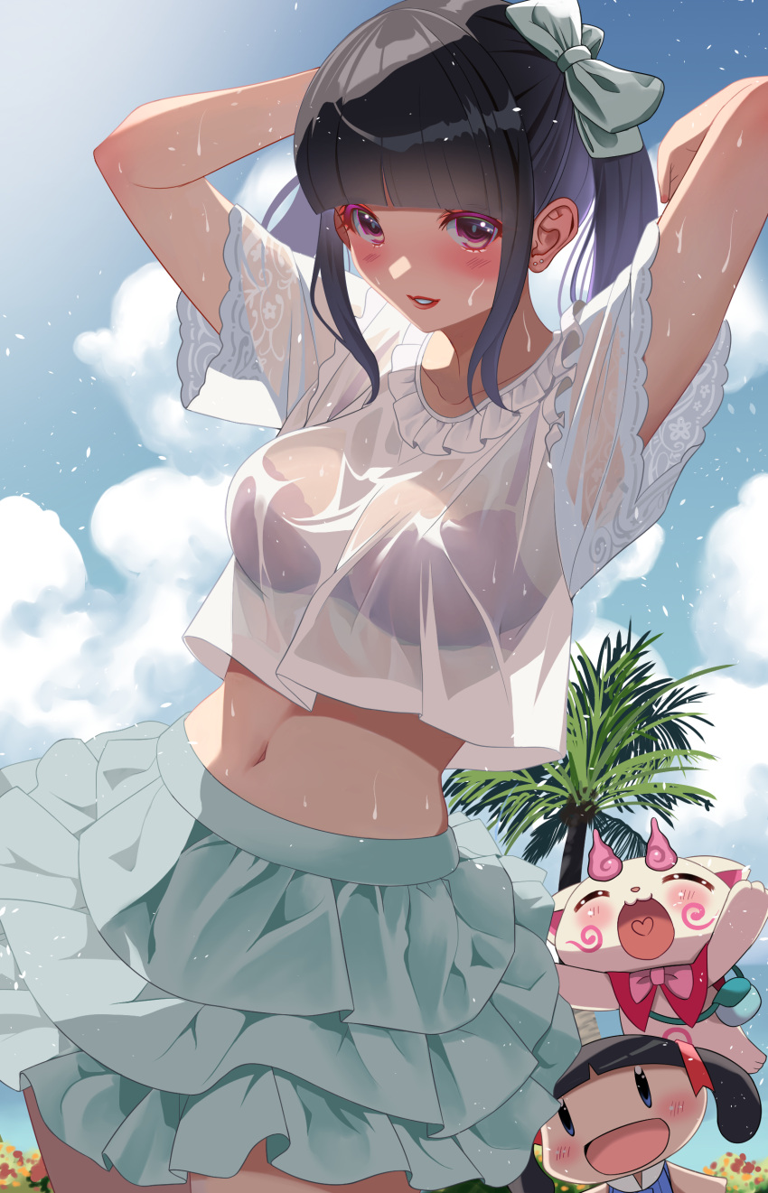 2girls absurdres akihiro0920 aqua_skirt arms_up bikini bikini_under_clothes black_bikini black_hair blue_sky blunt_bangs breasts chibi cloud day hair_ribbon highres komami_(youkai_watch) long_hair looking_at_viewer multiple_girls navel outdoors palm_tree parted_lips ribbon see-through shirt sidelocks skirt sky standing swimsuit t-shirt tree twintails wet wet_clothes wet_shirt white_shirt youkai_watch