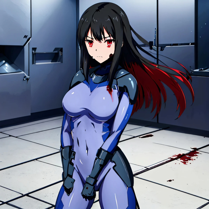 ai_generated asagiri_aya black_eyes black_hair blood blue_suit breasts breasts long_hair mahou_shoujo_site red_eyes red_hair suit