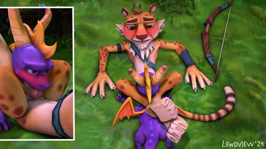 activision anthro body_hair cheetah chest_hair chest_tuft cowlick crossed_legs dragon duo eye_contact eyebrows face_in_crotch facial_hair felid feline feral genitals goatee hair half-closed_eyes head_between_legs head_in_crotch hi_res horn hunter_(spyro) implied_oral legs_around_head legs_around_partner lewdview looking_at_another looking_at_partner looking_pleasured lying male male/male mammal mythological_creature mythological_scalie mythology narrowed_eyes nude obscured_oral obscured_sex on_back penis pronounced_browridge raised_eyebrows scalie sex spiky_hair spyro spyro_the_dragon sucked_silly sucking tail tongue tuft