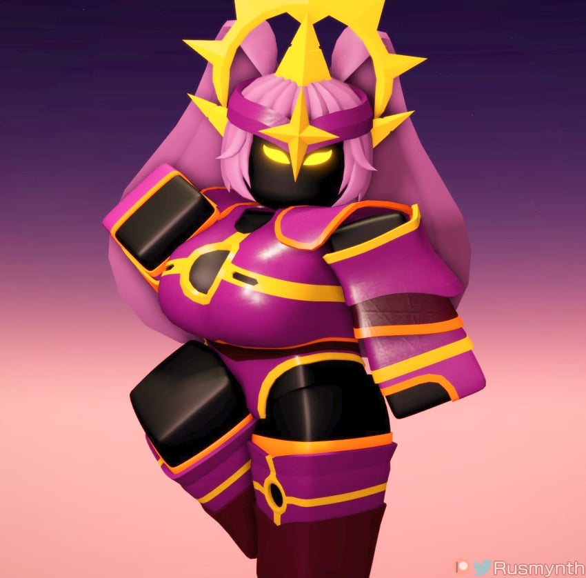 3d 3d_(artwork) armored armored_female big_breasts black_body black_skin crown dark-skinned_female dark_skin glowing_eyes leggings no_nose pink_hair repost roblox robloxian rusmynth saturated_colors staring_at_viewer tagme the_umbra tower_defense_simulator yellow_eyes