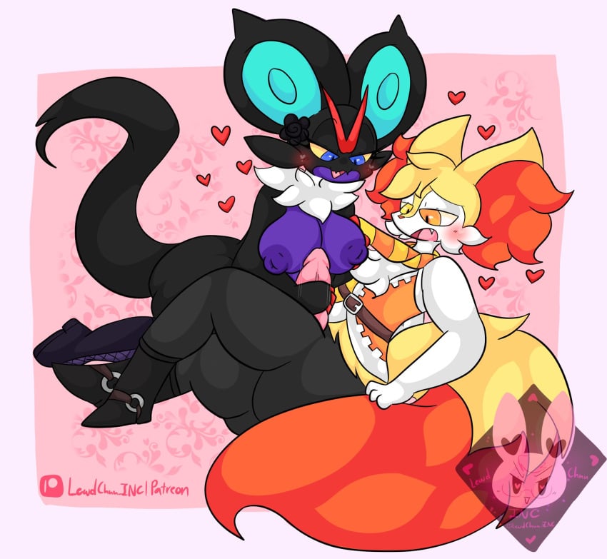 anthro black_body blue_eyes braixen breasts duo female generation_6_pokemon genitals heart_symbol heterochromia hi_res lewdchuu_(artist) male male/female masturbation nintendo noivern orange_eyes penis pokemon pokemon_(species) yellow_body yellow_eyes