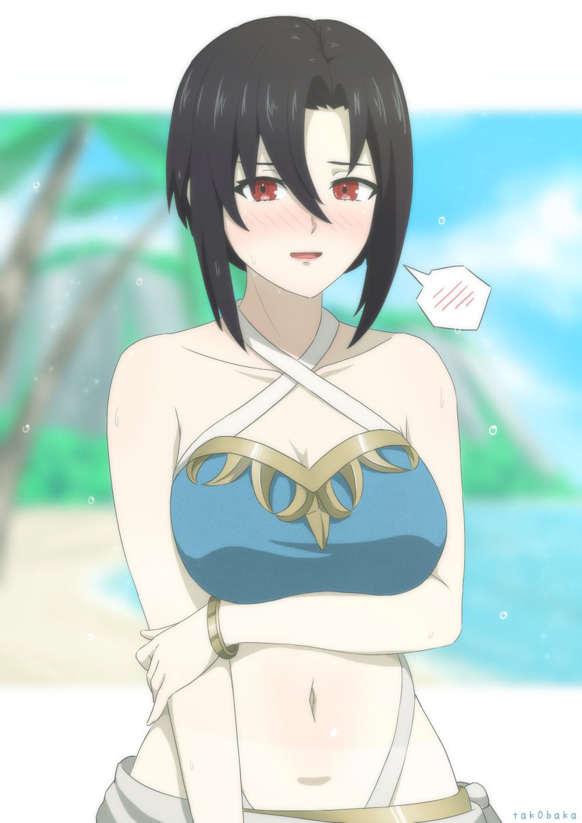 1girls alternate_costume arm_under_breasts bare_midriff bikini black_hair blue_bikini blue_swimsuit blush breasts cleavage female female_only fire_emblem fire_emblem_engage hair_between_eyes large_breasts looking_at_viewer midriff navel nel_(fire_emblem) nintendo open_mouth pale-skinned_female pale_skin red_eyes short_hair smile solo swimsuit tak0baka upper_body