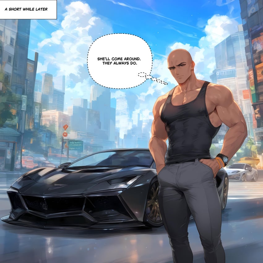 1girls ai_generated bald bald_man car dark-skinned_male dark_skin ecchi_aiart human interracial lamborghini muscular muscular_male nai_diffusion original original_character sports_car stable_diffusion