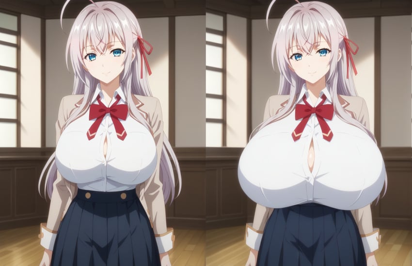 1girls ahoge ai_generated alisa_mikhailovna_kujou bangs big_breasts blush breast_expansion breasts classroom curvy expansion expansion_sequence fake_breasts gigantic_breasts grey_hair heavy_breasts inflation progression roshidere school school_uniform schoolgirl solo thick tokidoki_bosotto_russian_de_dereru_tonari_no_alya-san top_heavy transformation voluptuous white_skin wide_hips